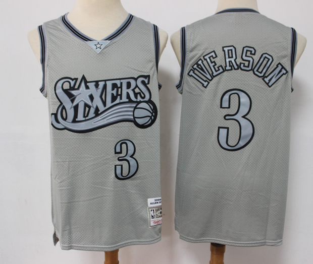 Men's Philadelphia 76ers #3 Allen Iverson Grey Throwback Stitched Basketball Jersey Men's Philadelphia 76ers #3 Allen Iverson Grey Throwback Stitched Basketball Jersey